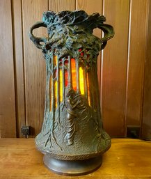 Art Nouveau Style Bronze & Leaded Glass Urn-Form Lamp, Sgd Duff