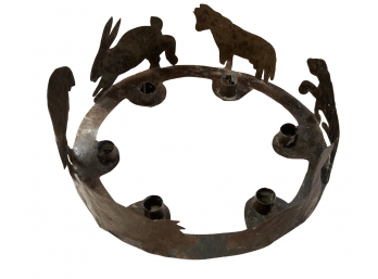 Round Rustic Weathered Tin 6 Candle Holder Animal Motif Measures 13' Across  ( READ Description)