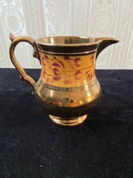 Vintage Copper Luster Pitcher With Orange Floral Band