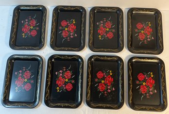 Lot Of Black Tin Trays With Roses