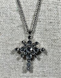 Silver Tone Signed JBK White Rhinestone Cross Pendant On Chain Necklace