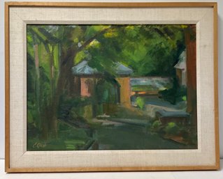 Mid Century - Oil On Board Painting - A Summer House - Green Tone - The Art League - 23 X 29