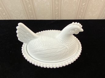 Indiana White Milk Glass Hen Bowl & Lid & Westmoreland