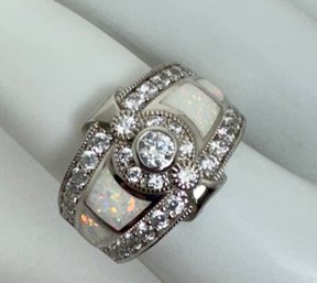 BEAUTIFUL STERLING SILVER CZ AND OPAL RING