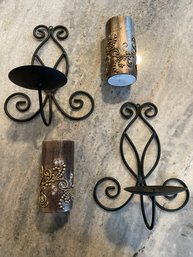 Pair Of Wrought Iron Wall Sconce Candle Holders With 2 New Pillar Candles