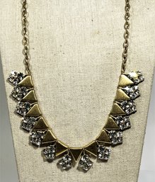 Signed J. Crew Art Deco Style Necklace Gold Tone White Rhinestones