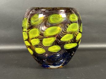 An Art Glass Vase With An Abstract Peacock Motif