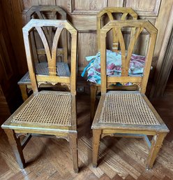 Set 4 Vintage Solid Wood Caned Chairs With Cushions