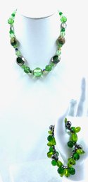 Green Art Glass Bead Necklace & Bracelet Pairing