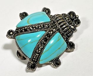 Sterling Silver Blue Glass Bug Beatle Pin`