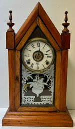 Antique Gothic Steeple Mantle Clock - Wooden Case - Unmarked Movement - 11 1/2 X 5 X 19 7/8 - Factory Brand