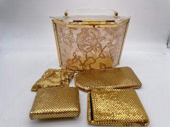 Vintage Gold Ornate Acrylic Hand Bag With Four Gold Mesh Wallets And Accessories.