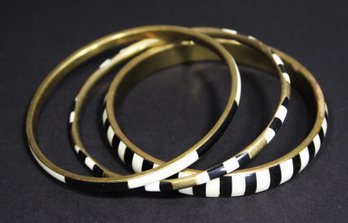 Three Vintage Brass Ebony & Bone Inlay Bangle Bracelets