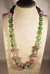 Vintage Pink And Green Glass Beaded Necklace 20' Long