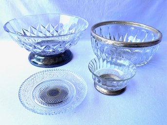 Grouping Of 4 Vintage Clear Glass & Silvertone Serving Pieces