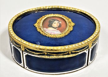 Vintage Blue Guilloche Enamel Miniature Portrait Trinket Jewel Box