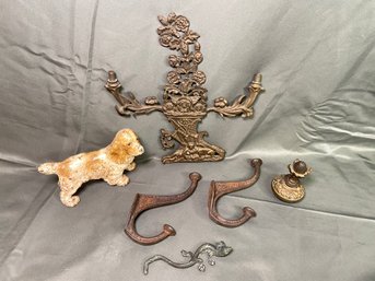 Cast Iron And Brass Collection Coat Hooks Cocker Spaniel Door Stop Lizard Ornate Door Knob Great Pieces