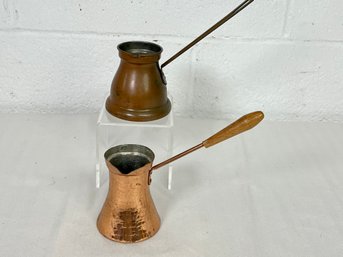 Pair Of 2 Vintage Copper Albanian And Turkish Coffee Or Melting Pots
