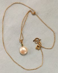 Vintage Mid Century 14k Gold GF Chain With Pearl & Emerald Pendant Necklace