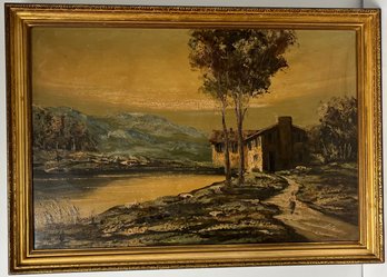 Vintage Oil On Canvas Painting - Mountains Buildings Lake - Paolo Balbl - Mustard Tones Scene - 27.5 X 39.75