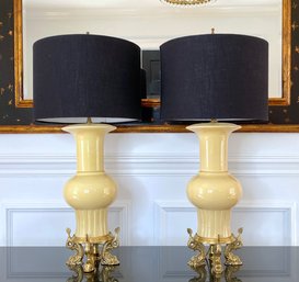 Pair - Brass Maltese Dolphin Base Dimmable Lamps With Black Barrell Shades