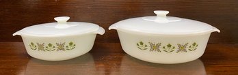 Pair Of Vintage MCM Fire King Green Meadow Oven Proof Casserole Dishes W/ Lids