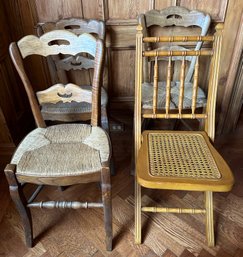 3  Vintage Woven Chairs & 1 Ballard Designs Folding Caned Chair