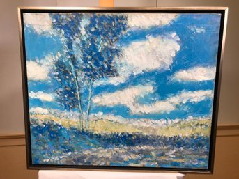 Original James Pascucci Oil On Canvas Painting - Clouds & Trees - Blue & White - SKU: AA868790 - Nicely Framed