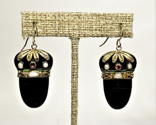 Gilt Silver Bejeweled Black Onyx Pierced Earrings (one Onyx Stone Is Cracked)