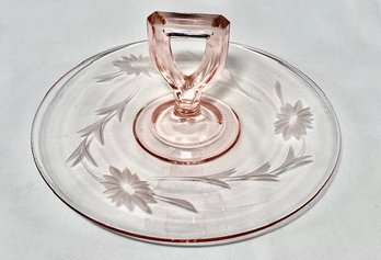 Vintage Pink Depression Glass Center Handle Floral Etched Serving Platter