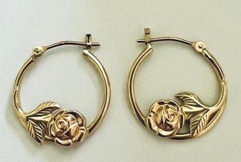 SIGNED 14K GOLD ROSE HOOP EARRINGS