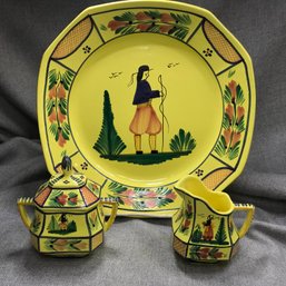 Fabulous Classic HENRIOT QUIMPER Large Platter & Sugar & Creamer - Breton Man / Woman Quimper Yellow - WOW !