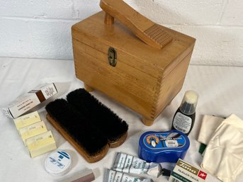 Wooden Shoeshine Box Stuffed With Polishes And Rags