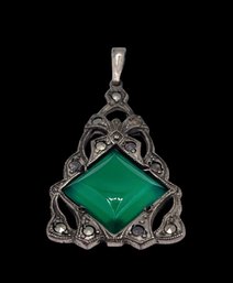 Vintage Sterling Silver And Green Color Ornate Pendant