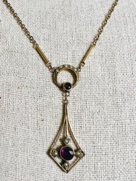 VINTAGE GOLD-FILLED AMETHYST AND SEED PEARL LAVALIER NECKLACE