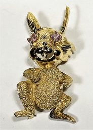 Les Bernard Gold Over Sterling Silver Bunny Rabbit Brooch Pink Stone Eyes