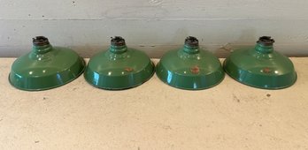 Lot Of Four Vintage Metal Green Enameled Pendant Lamp Shades - Note Flea Bites In Pictures