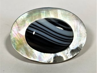 Signed Da Sue Sterling Silver Buckle Brooch Having Striped Agate And Mother Of Pearl