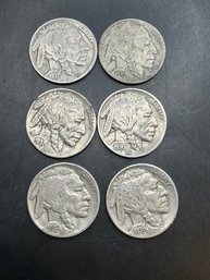 6 Buffalo Nickels 1930, 1935, 1936 (2), 1937 (2)