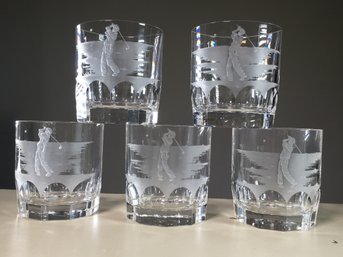 Lot Of Six (6) Stunning VARGA Rocks Glasses With Carved / Etched Golfers - Modern Classics ! AMAZING SET !