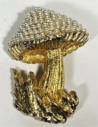 Sgned Hobe Gold Tone Mushroom Brooch Having Faux Pearls