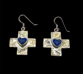 Vintage Sterling Silver Lapis Cross Earrings