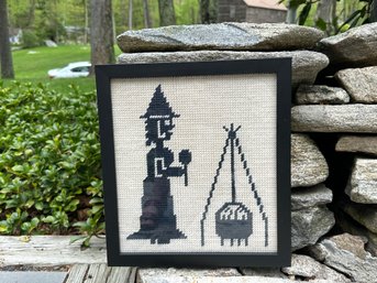 Vintage Framed Witch Needlepoint With Glass Protection