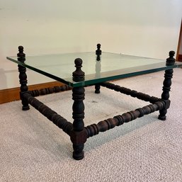 A Spanish Revival 70s Turned Oak & Glass Cocktail Accent Table