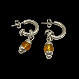 Vintage Sterling Silver Amber Color Hoop Dangle Earrings