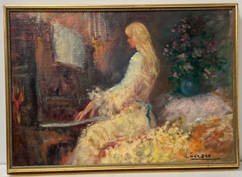 Mid Century Impressionist Framed Oil On Canvas Painting - Girl At Piano - Flowers - 20.75 X 28.75 - N Serina