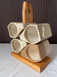 Authentic Rodolfo Padilla Ceramic Mug Set With Wood Stacking Rack