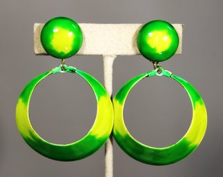 Pair Vintage 1980s Yellow Green Hoop Clip Earrings