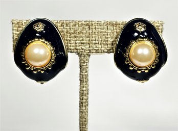 Pair Large Enamel And Faux Pearl Gold Tone Joan Rivers Clip Earrings