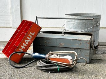 Vintage Metal Industria - A Toolbox, Crate, And Galvanized Bucket